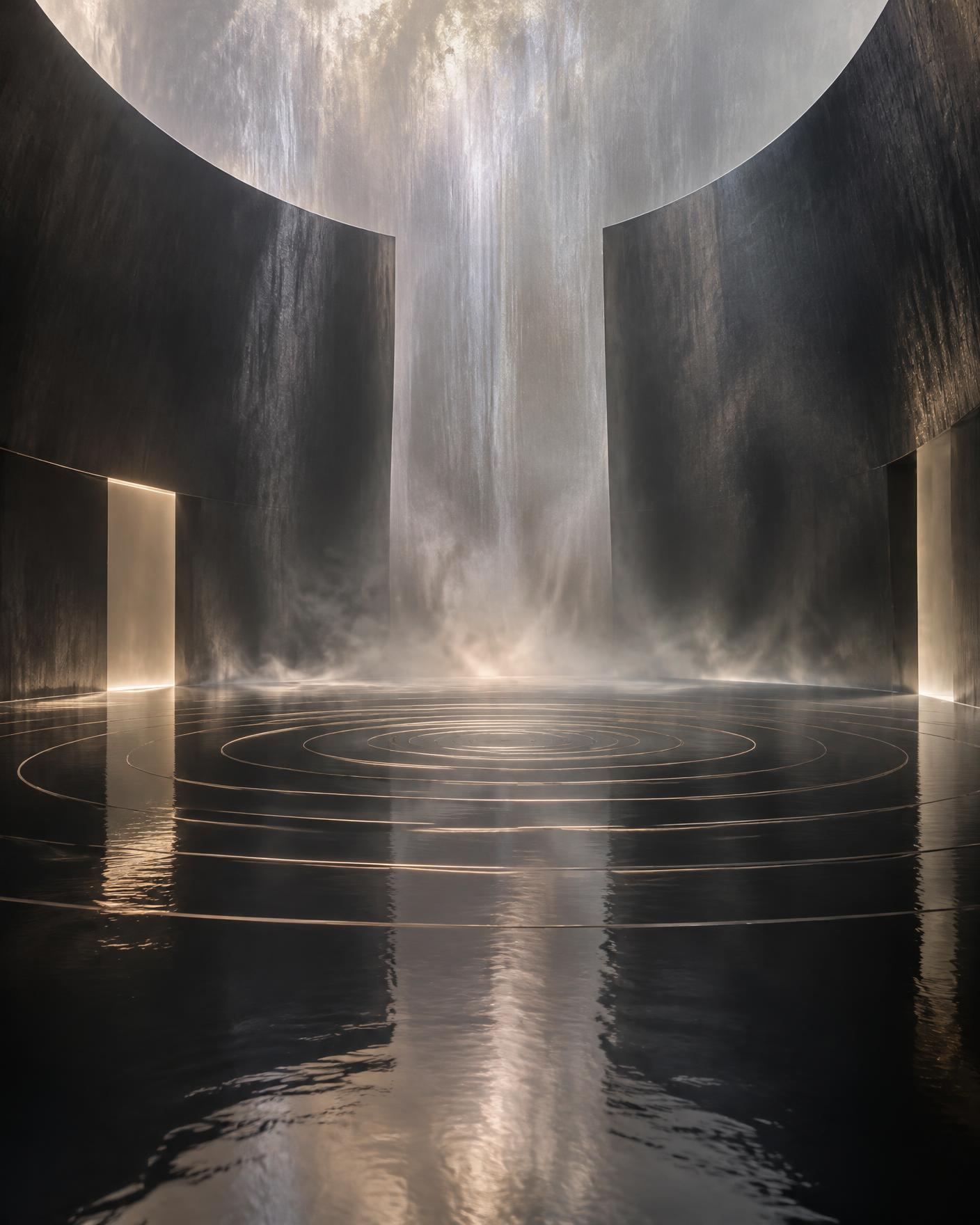 Circular immersive chamber with atmospheric light and sound ripples